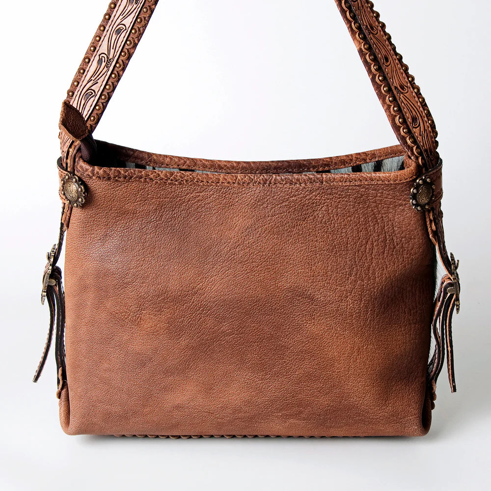 Ash Grey Safari Stripe & Tooled Leather Hand Bag