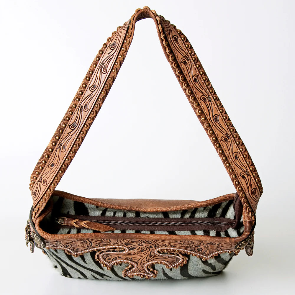 Ash Grey Safari Stripe & Tooled Leather Hand Bag