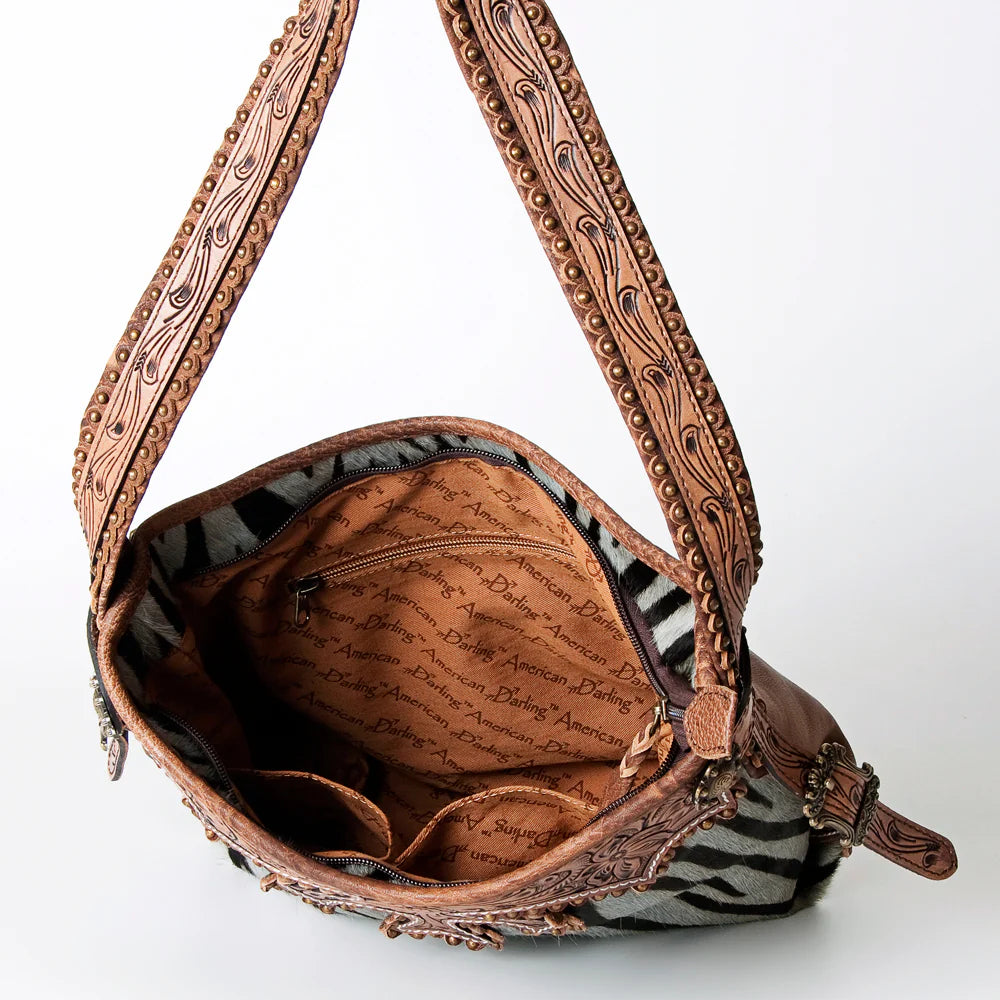 Ash Grey Safari Stripe & Tooled Leather Hand Bag