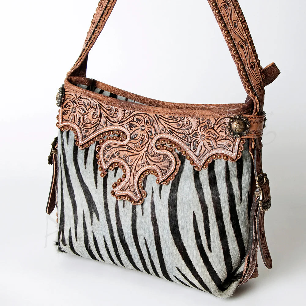 Ash Grey Safari Stripe & Tooled Leather Hand Bag