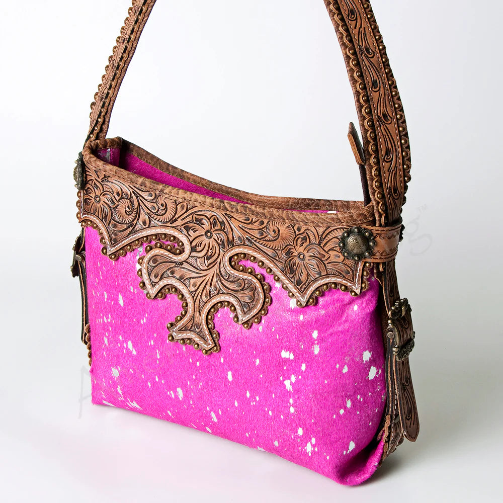 Pink & Silver Acid Wash Tooled Scroll Handle Purse