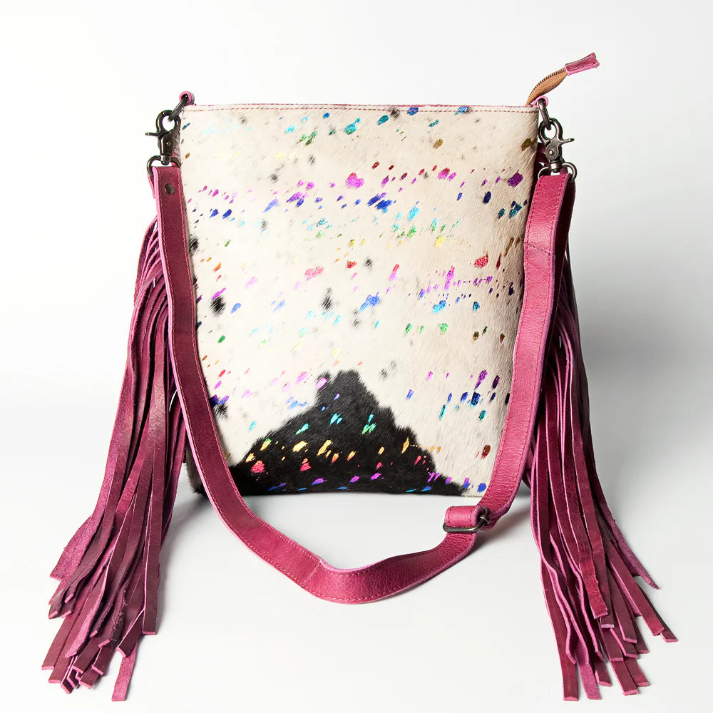 Black and White & Unicorn Messenger Crossbody with Pink Fringe