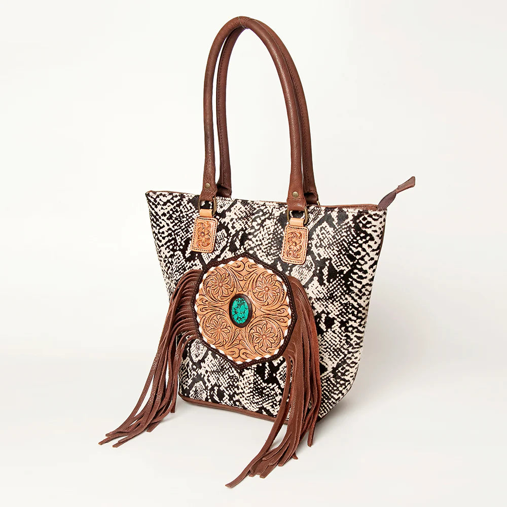 Python Viper Print Hide & Turquoise Stone Tooled Purse