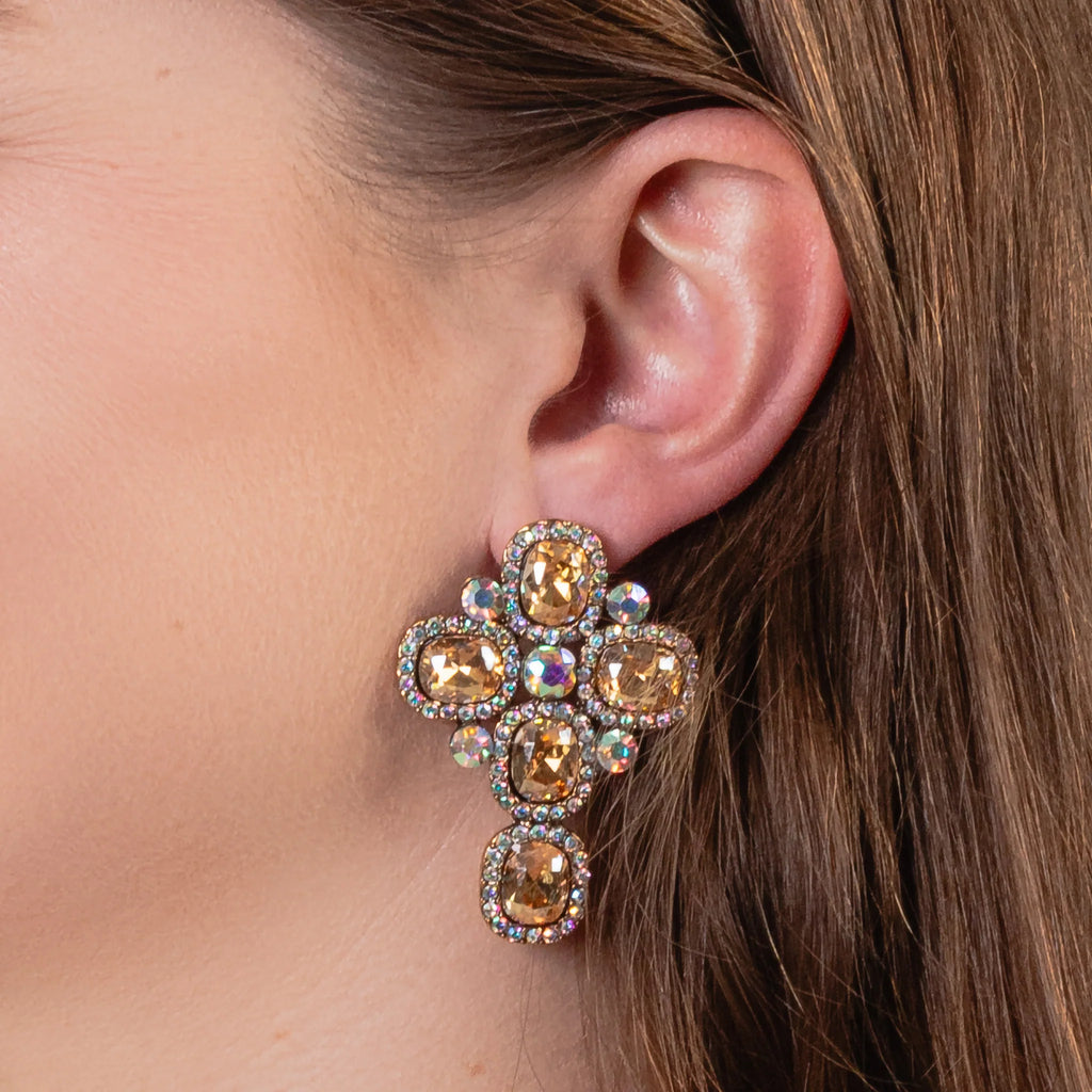 Holy Drama Crystal Cross Earrings in Gold