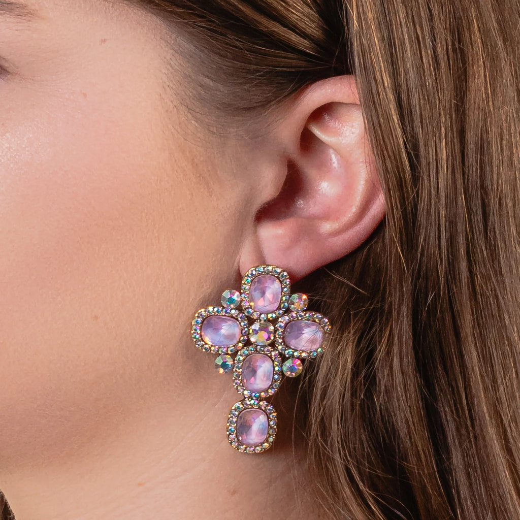 Holy Drama Crystal Cross Earrings in Pink