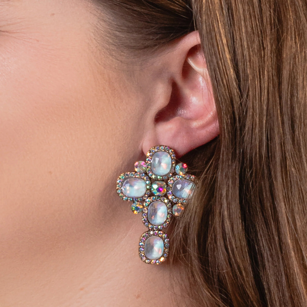 Holy Drama Crystal Cross Earrings in White Opal