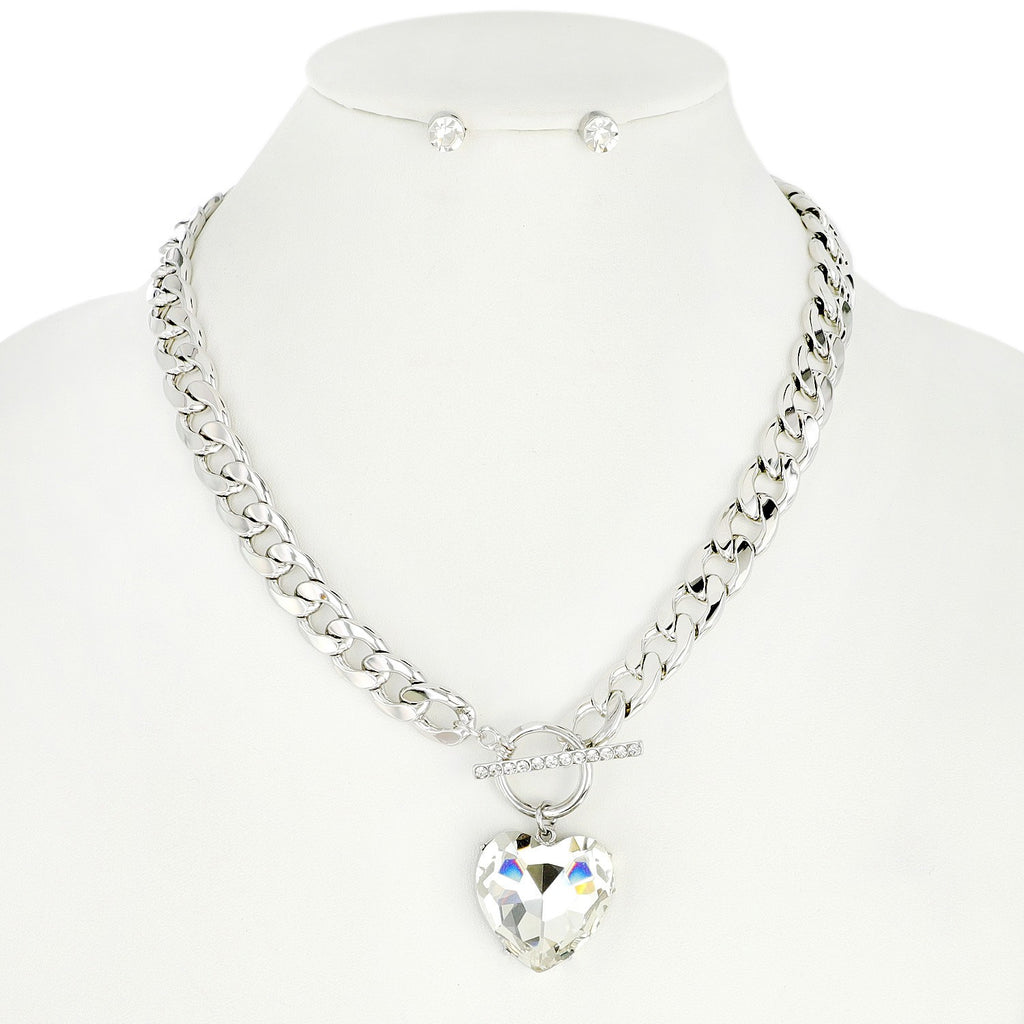 Keep of my Heart Charm Necklace and Earring Set - Silver