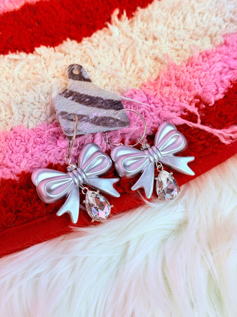 Silver Bows and Crystal Drop Earrings