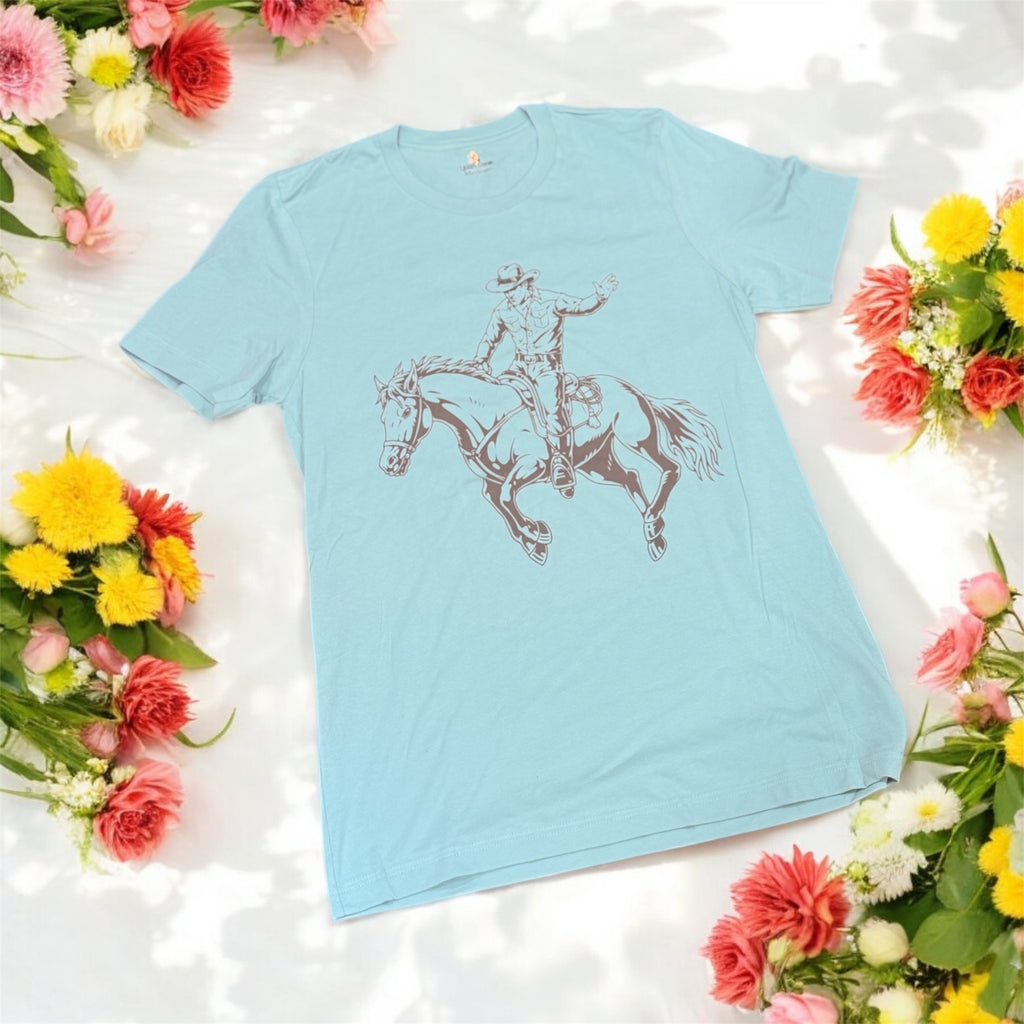 Dusted Cowboy Blue Bronc Rider Graphic Tee Shirt