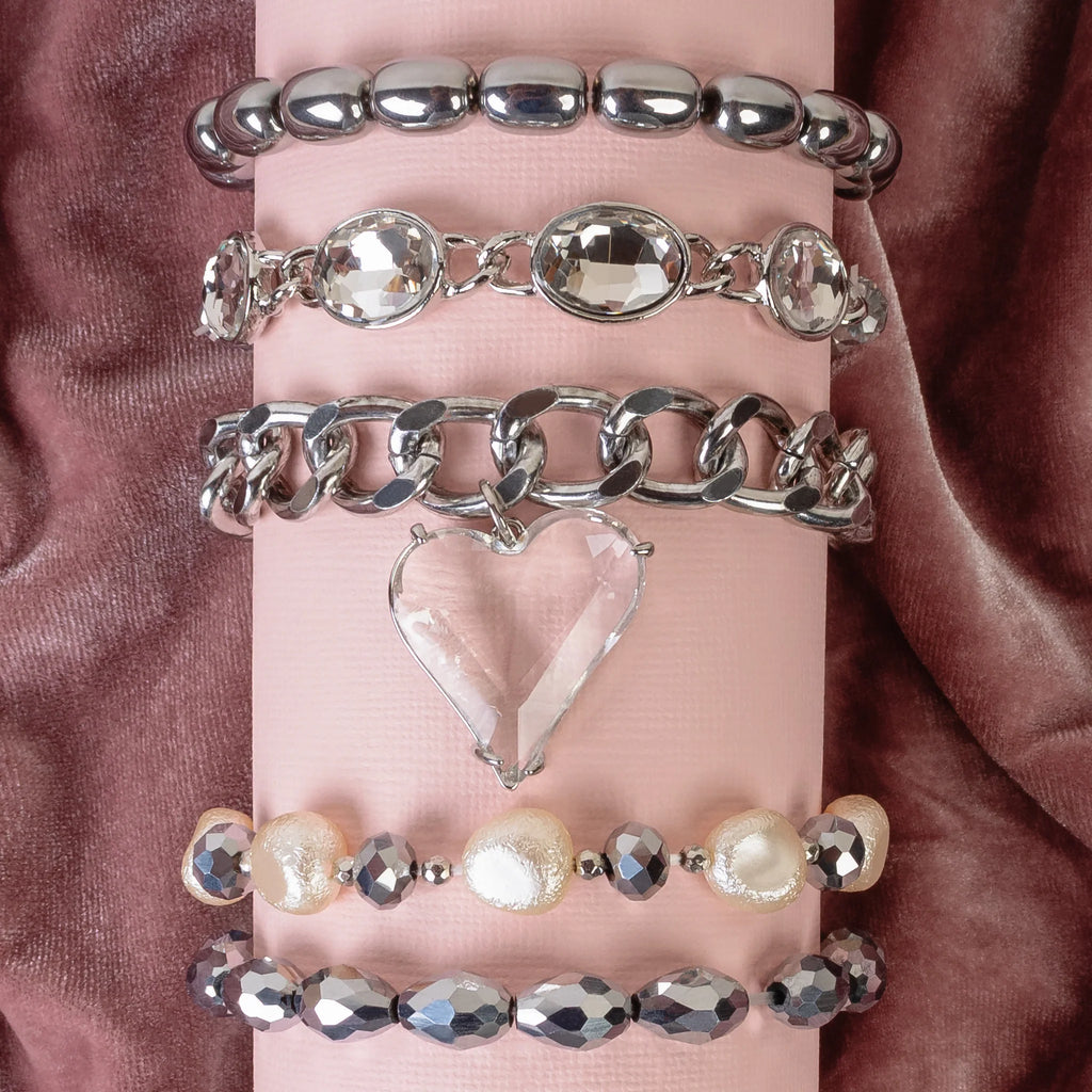 Heart of Glass Silver Link & Beaded Bracelet Set