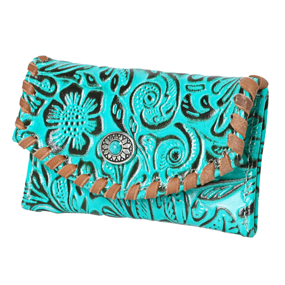 Teal Tooled Leather Card Holder