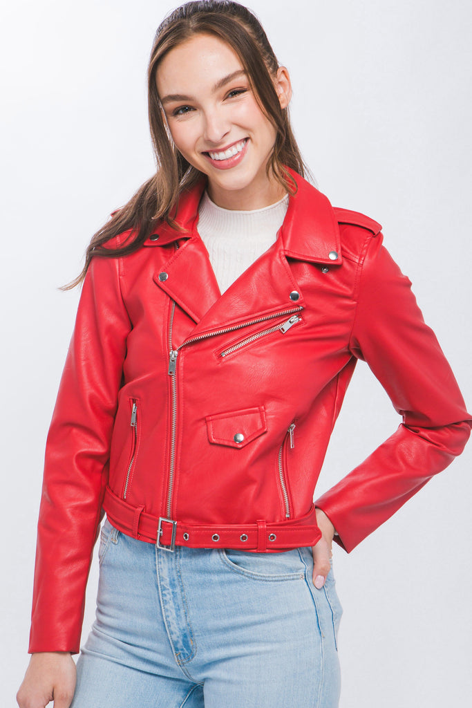 Red Vegan Leather Moto Jacket