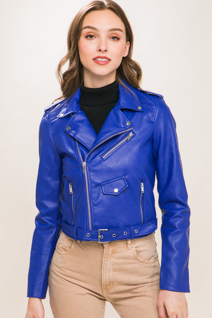 Royal Blue Vegan Leather Moto Jacket