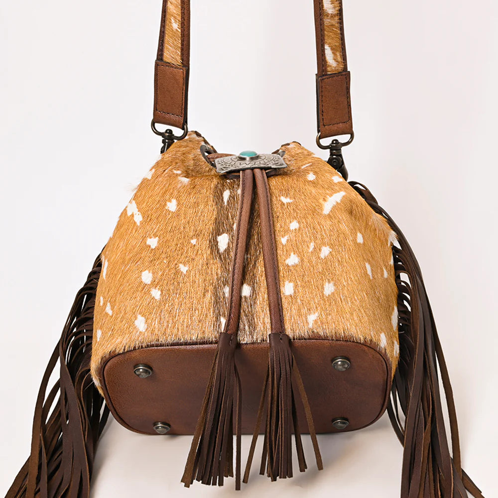 Exotic Axis Bucket Hair On Genuine Western Leather Bucket Bag Crossbody Purse