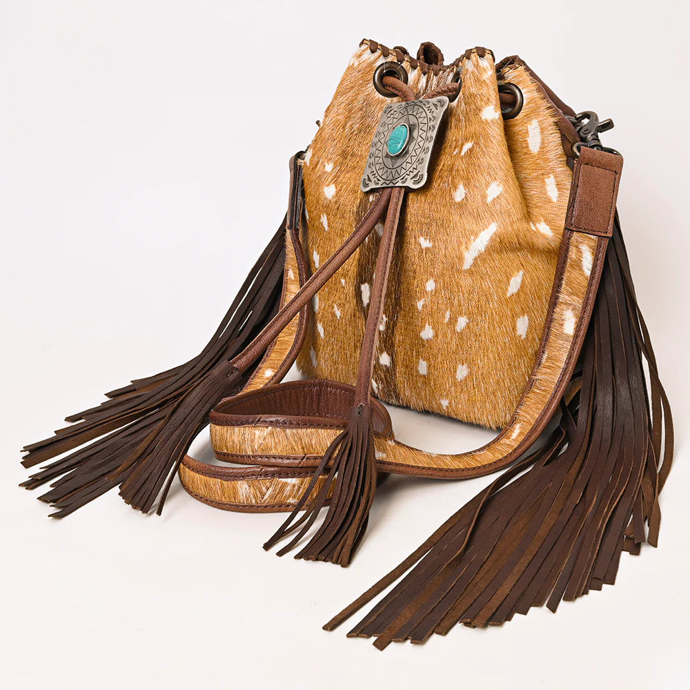 Exotic Axis Bucket Hair On Genuine Western Leather Bucket Bag Crossbody Purse