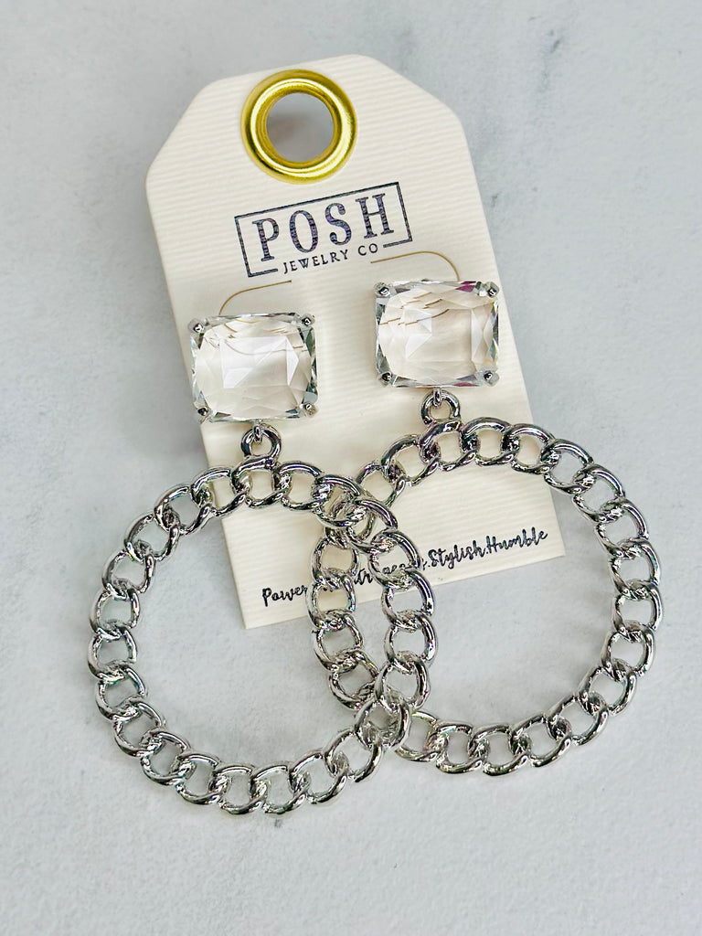 9PE037S-Silver Chain Hoop Crystal Earrings