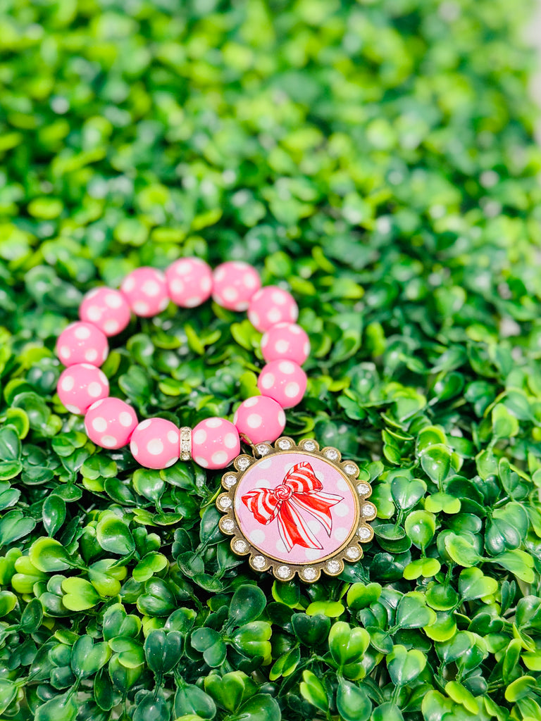 Pink Polka Dotted Ribbon Beaded Bracelet