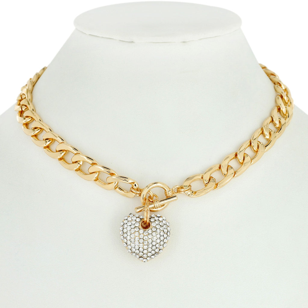 Gold Chained & Silver Crystal Heart Charm Necklace