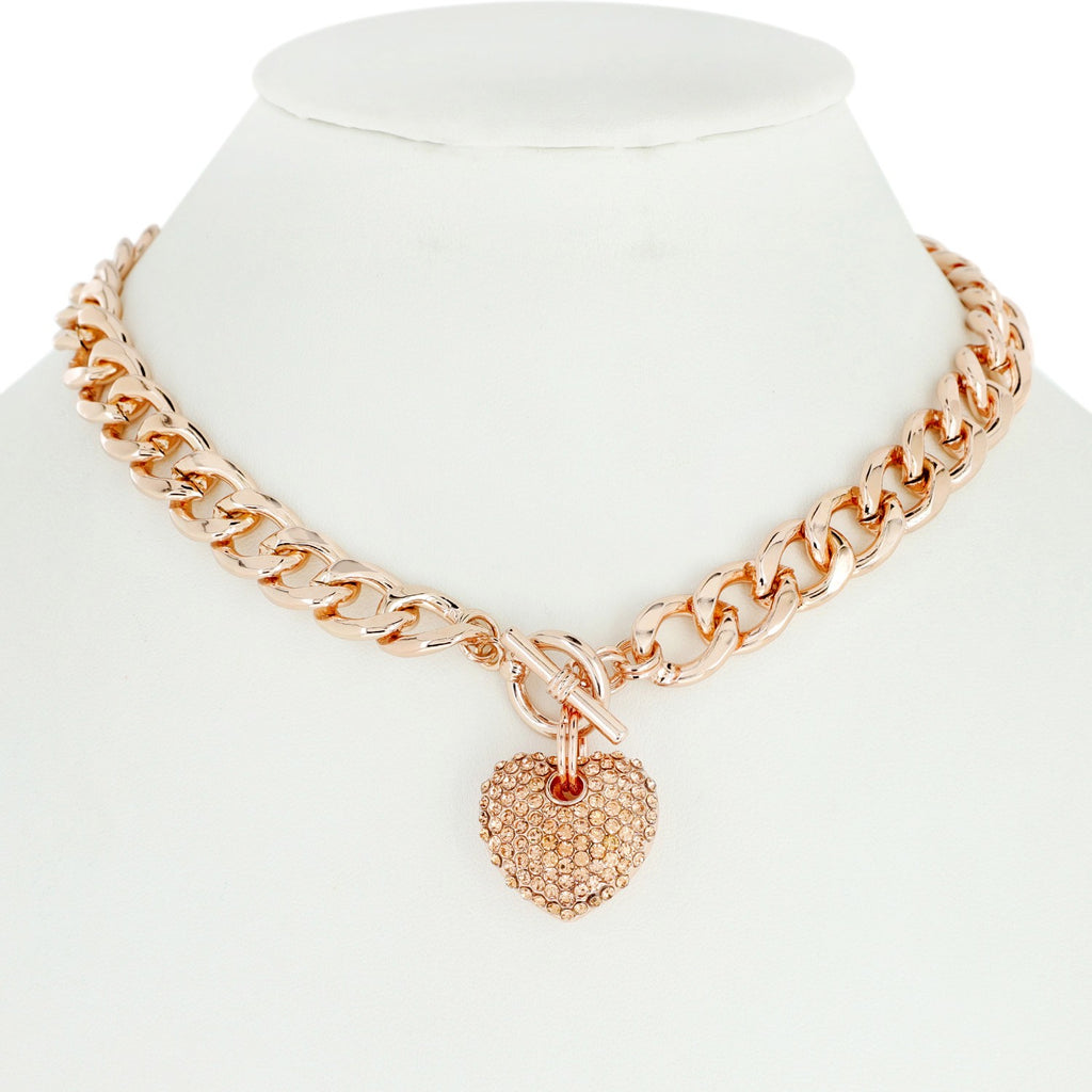 Rose Chained & Crystal Heart Charm Necklace