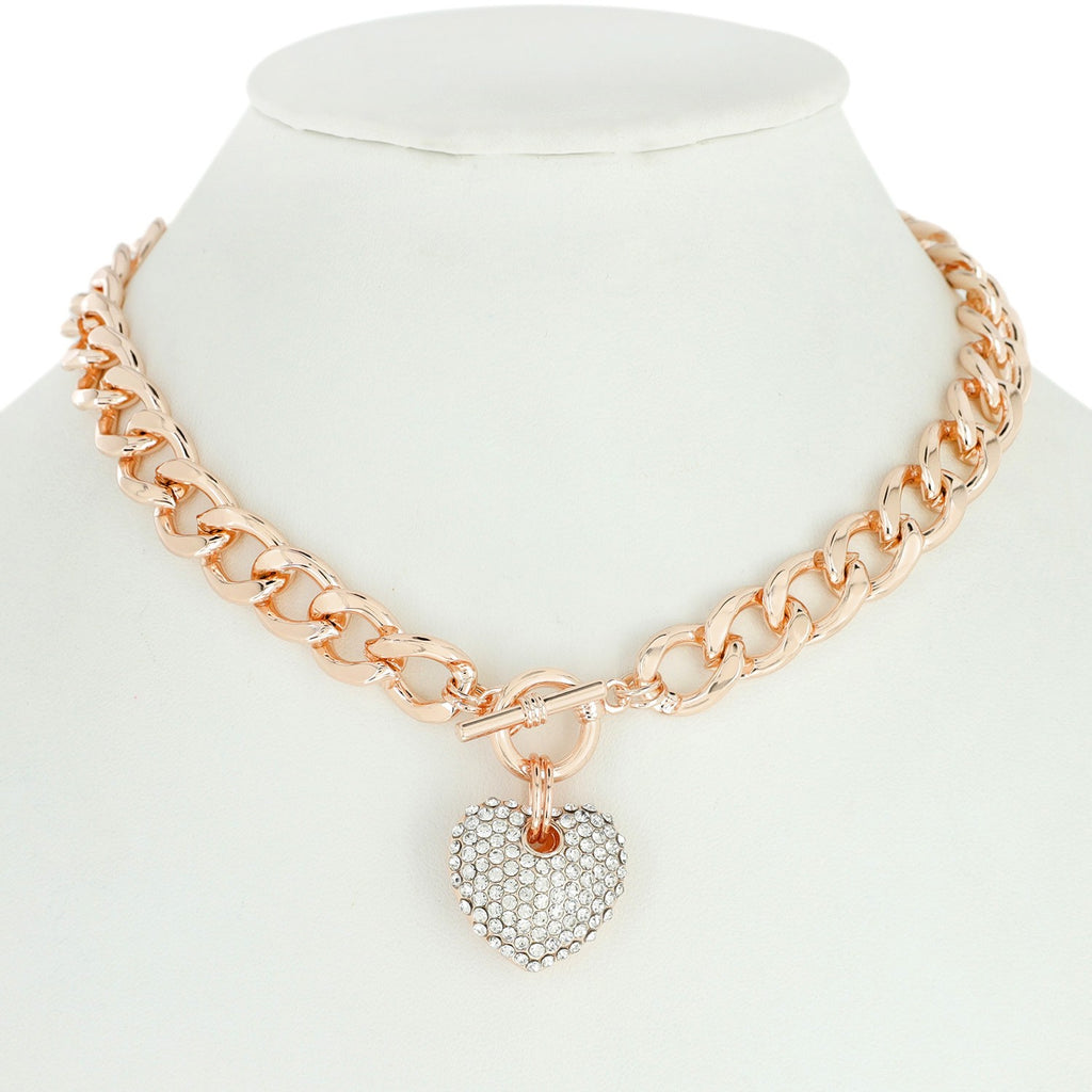 Silver Crystal Heart & Rose Chain Necklace