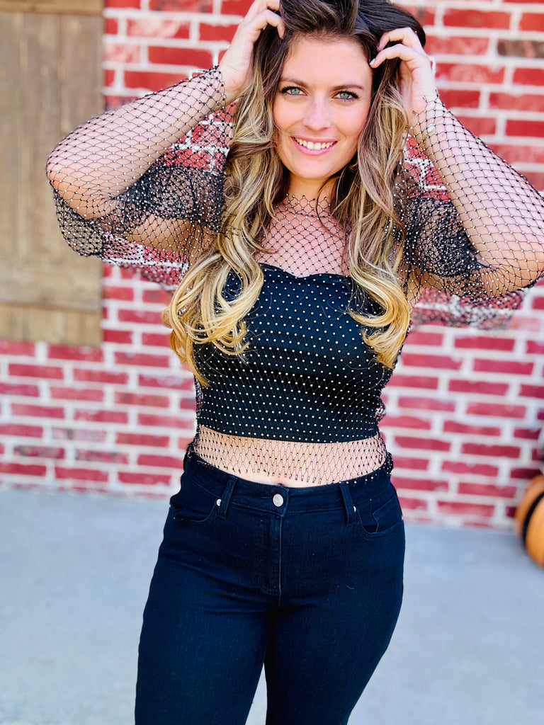 Caught Up On You Mesh Net Rhinestone Top