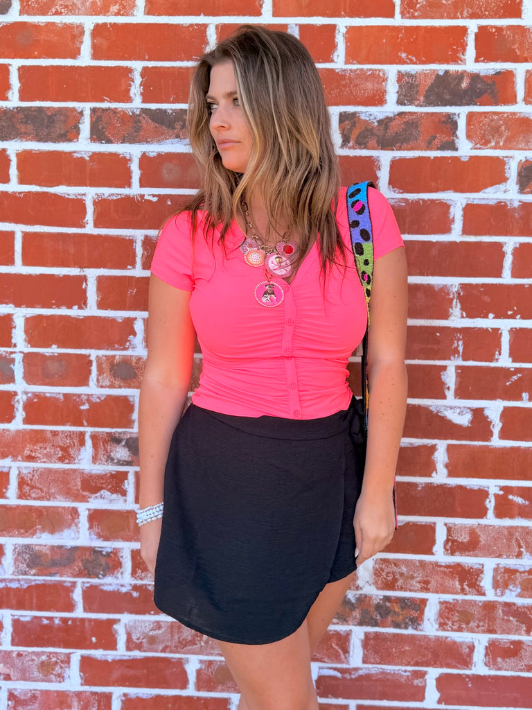 Buttercup Bliss Ruched Button Down Top - Neon Pink