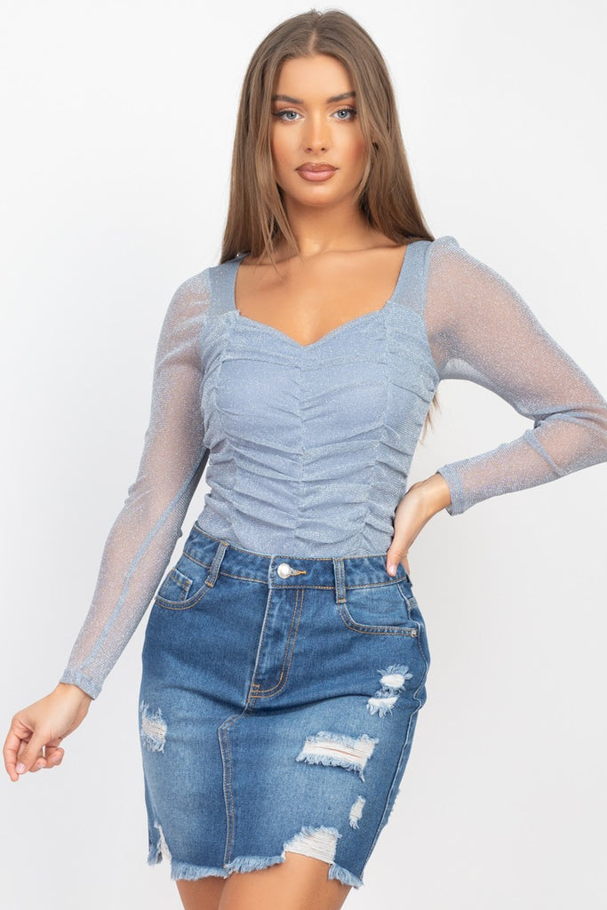 Gilded Glow Mesh Bodysuit Top - Dusty Blue