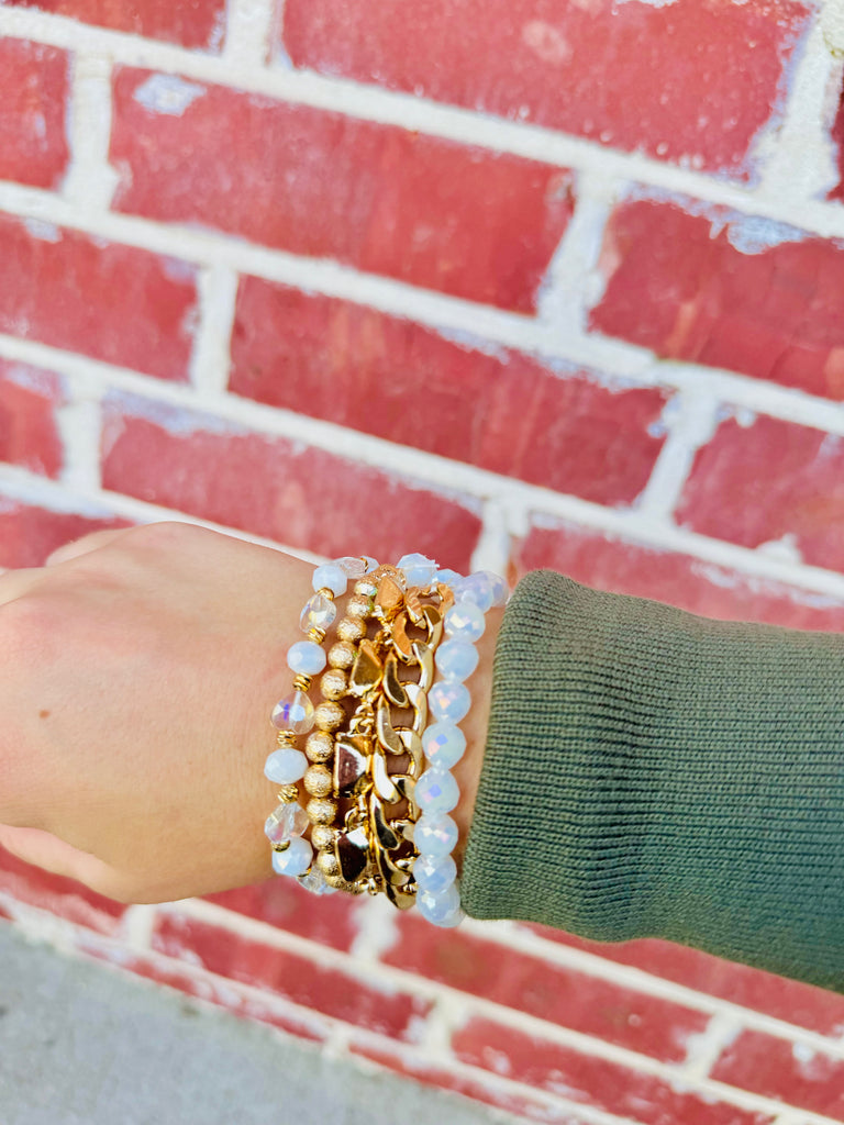 White Beaded & Gold Chain AB Bracelet Set