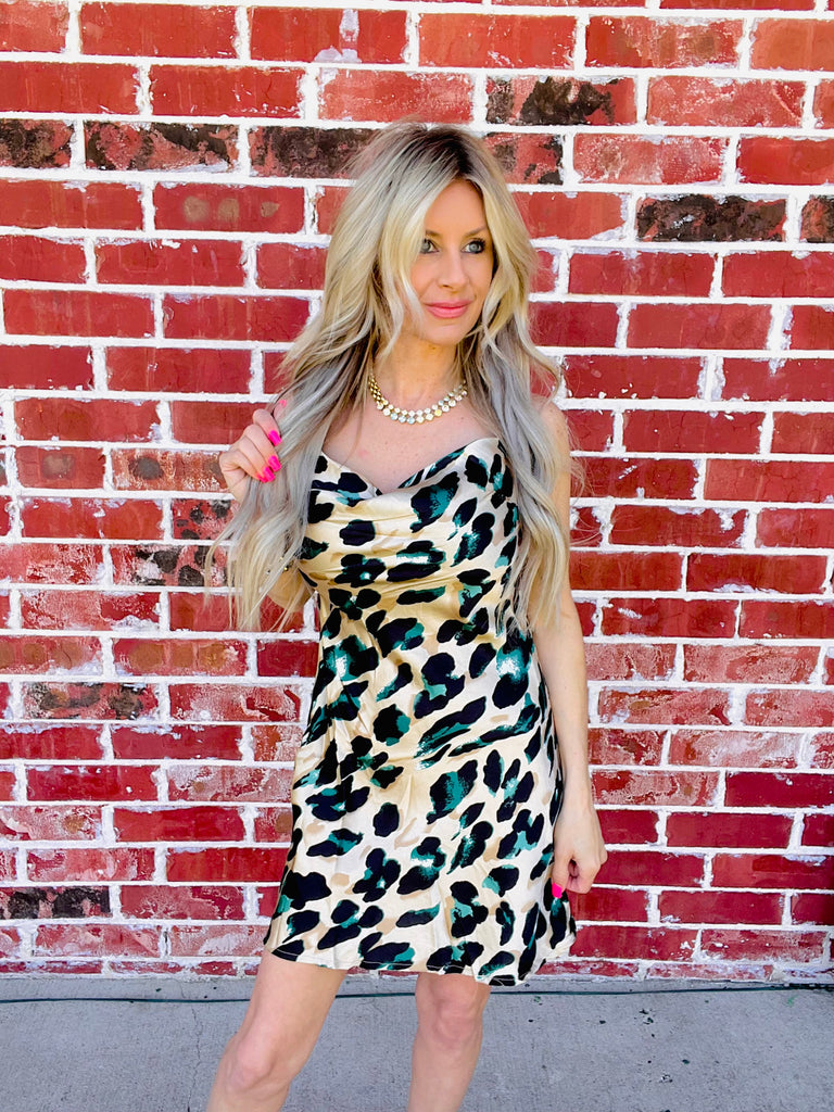 Evergreen Leopard Print Holiday Slip Dress- Beige