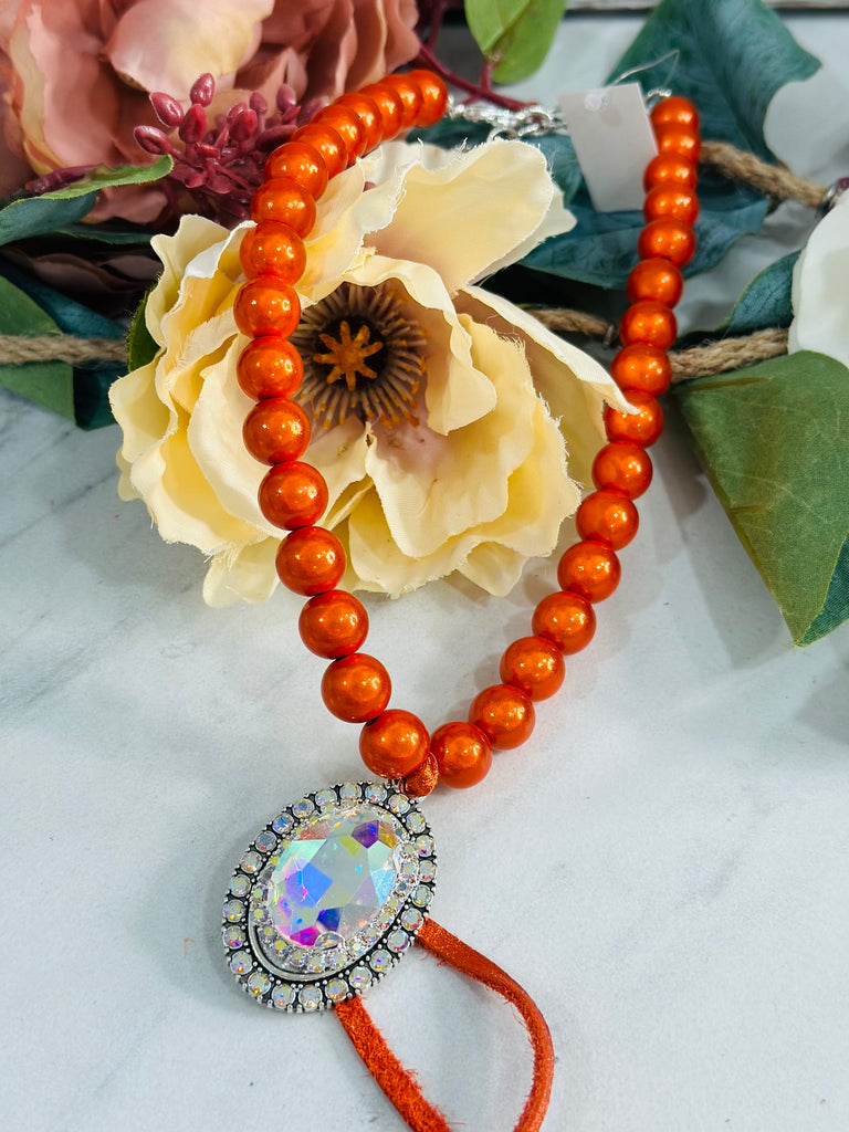 Orange Iridescent Bubble Beaded & Crystal Necklace