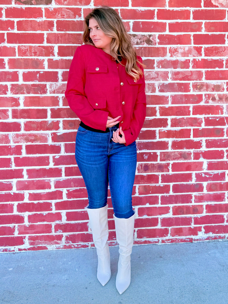 Elizabeth Button Cuffed Sleeve Blazer in Red