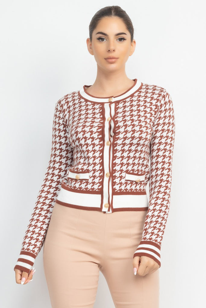 Casual Ritz Houndstooth Sweater Top - Chocolate
