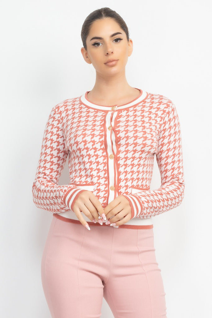 Casual Ritz Houndstooth Sweater Top - Mauve