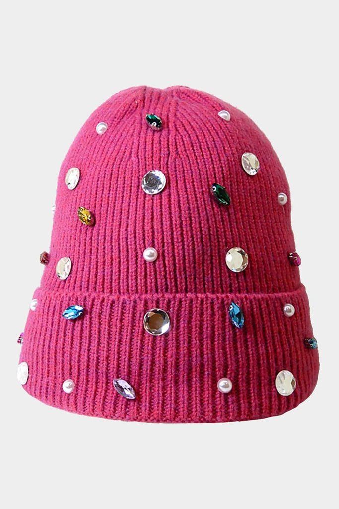 Hot Pink Pearl Jewel Knitted Fleece Lined Beanie