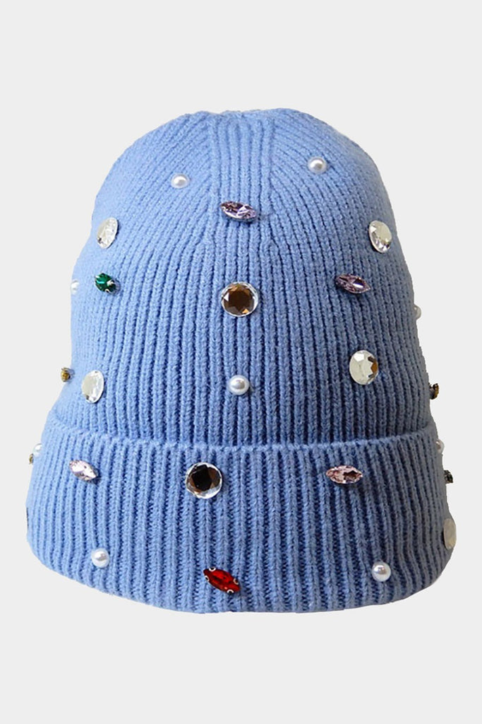 Winter Blues Pearl Jewel Knitted Fleece Lined Beanie