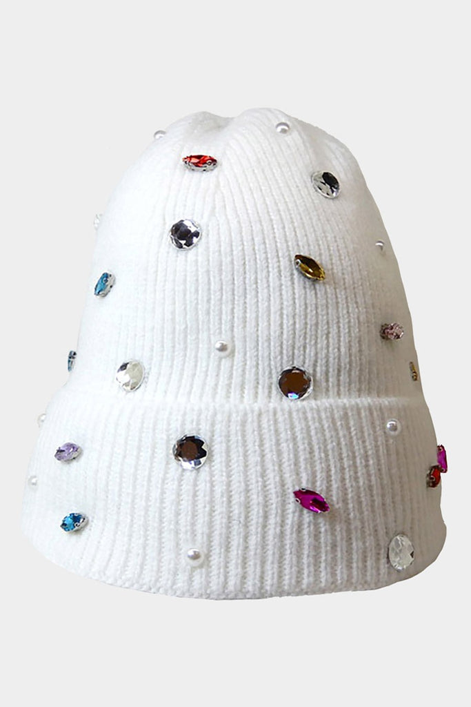 White Pearl Jewel Knitted Fleece Lined Beanie