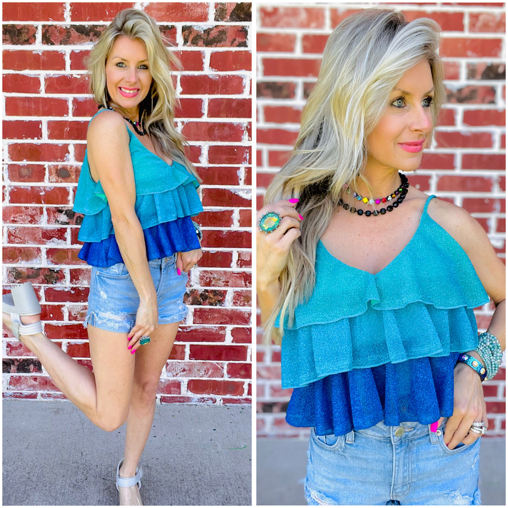 Blue Cropped V-neck Layered Color Block Top
