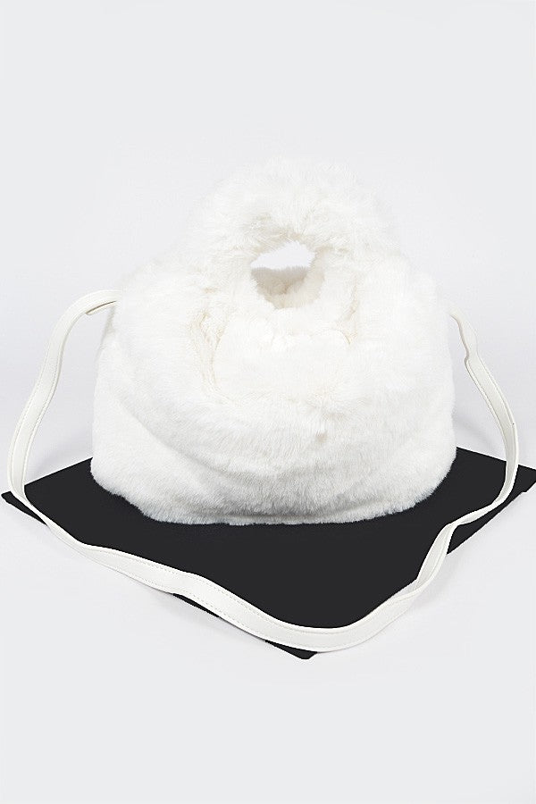 Fluffy Round Handle Bucket Bag - White