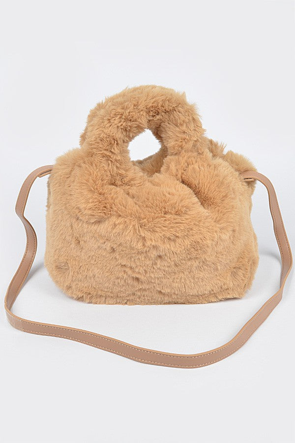 Fluffy Round Handle Bucket Bag - Beige