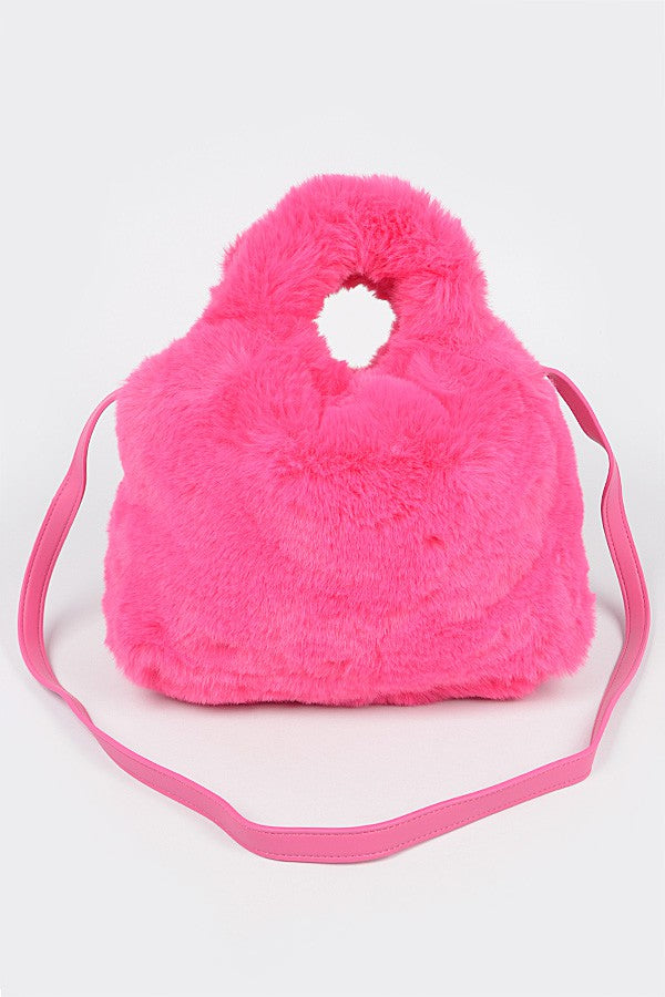 Fluffy Round Handle Bucket Bag - Fuschia