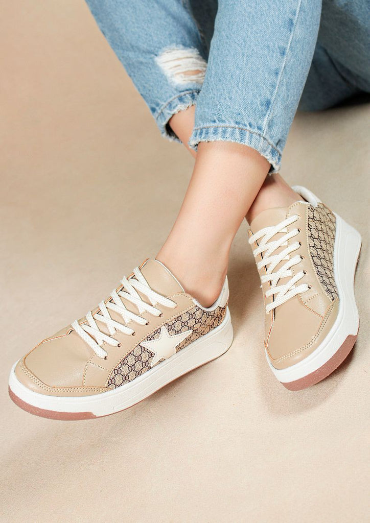 STAR- Tan/Beige Designer Inspo Lace Up Tennis Shoe