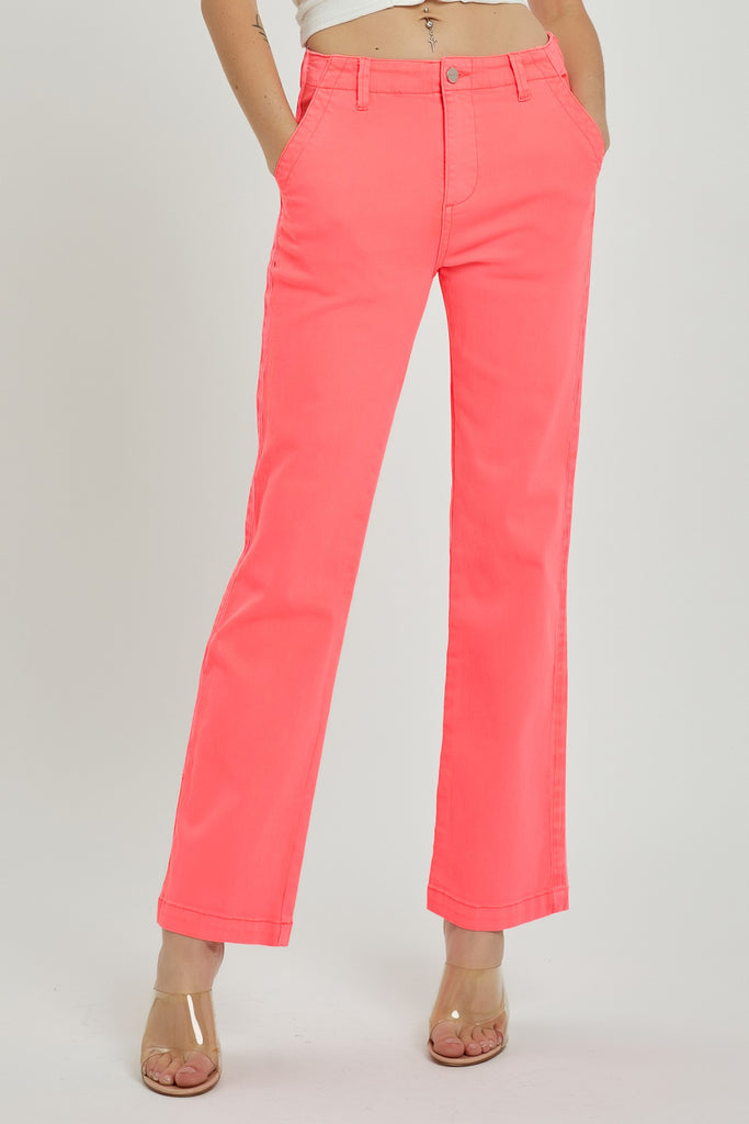 Coral Denim High Rise Side Twill Tape Detail Straight Pants