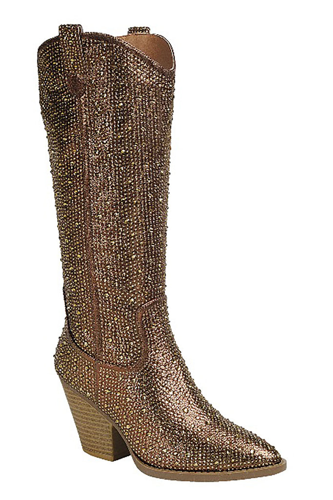 Queen Of Crystal Studded Boots- Golden Brass