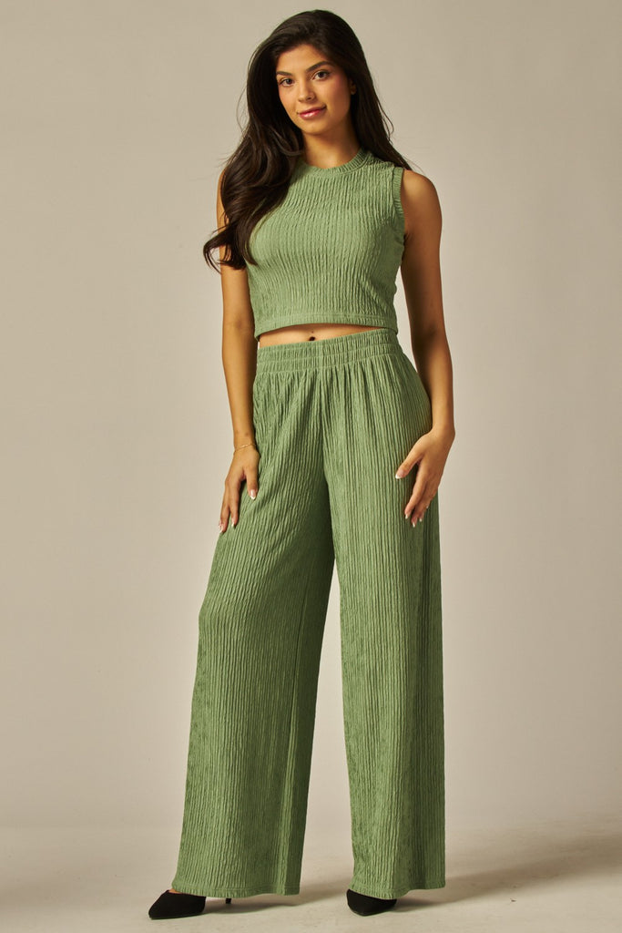 Blissful Ambiance Crinkle Spring Pant Set - Sage Green