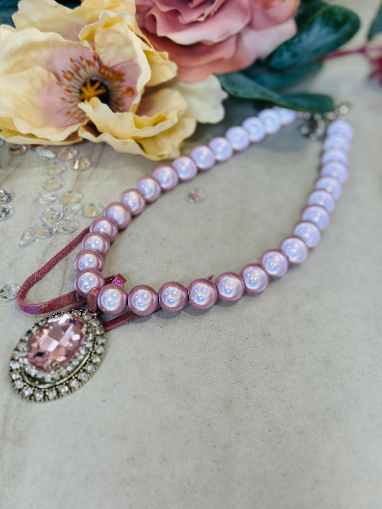 Pink Iridescent Bubble Beaded & Crystal Necklace