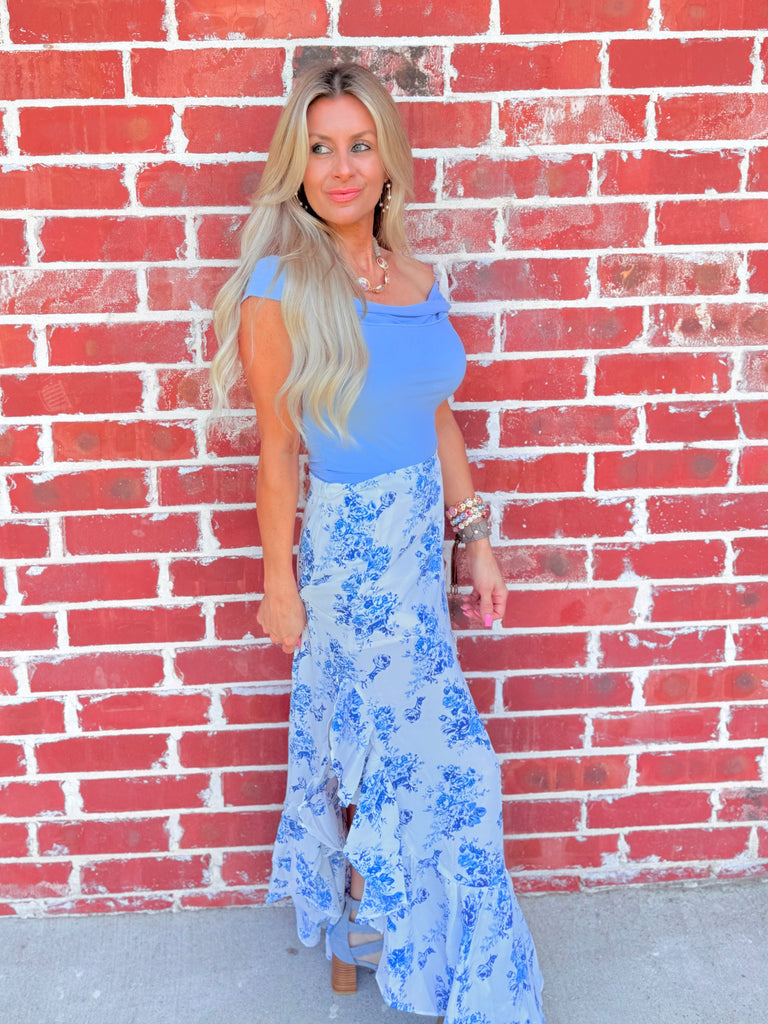 Grand Evening Off Shoulder Top in Light Blue