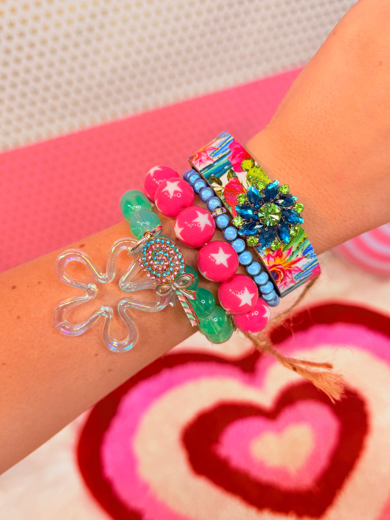 Floral Sky Leather and Charm bracelet Stack