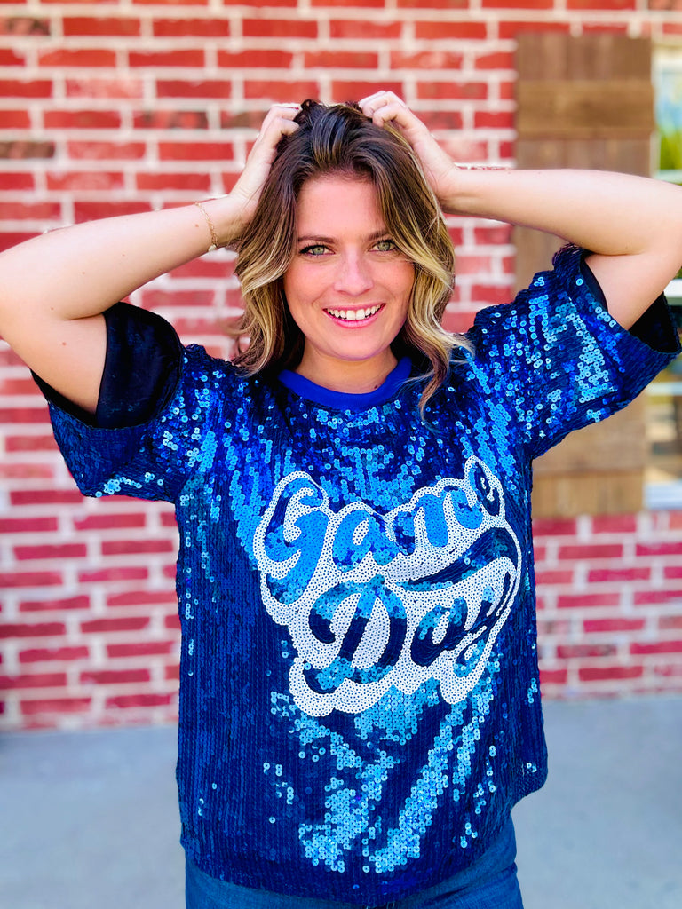 Royal Blue Sequin Game Day Jersey Top