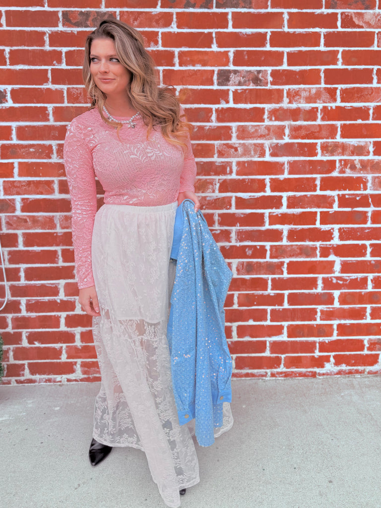 Loving Fancy Lace High Waisted A Line Skirt in Ivory