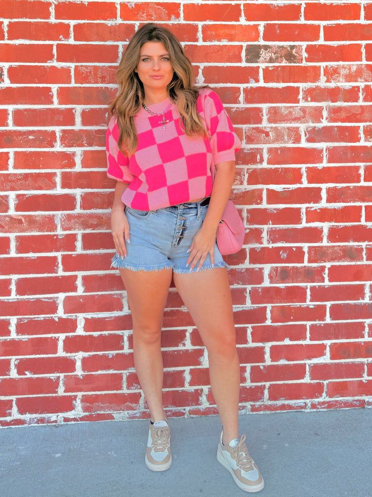 Checkered Short Puff Sleeve Knit Pullover Top PINK